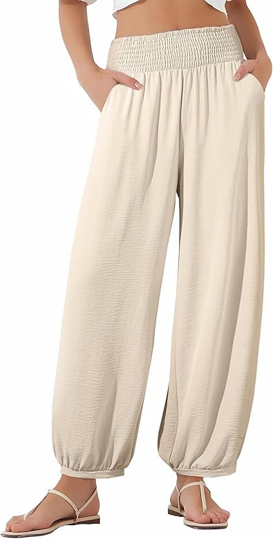 EVALESS Women's Wide Leg Baggy Pants Elastic High Waisted Casual Harem Pants Trousers with Pocket... | Amazon (US)