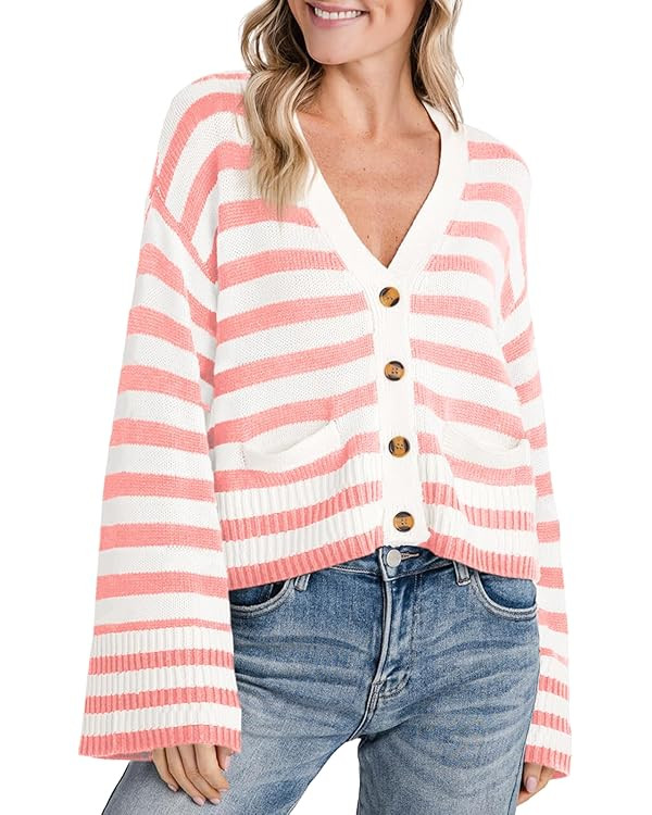 Saodimallsu Womens Striped Cardigan Sweaters Cropped Fall Button Open Front Long Sleeve Knit Swea... | Amazon (US)