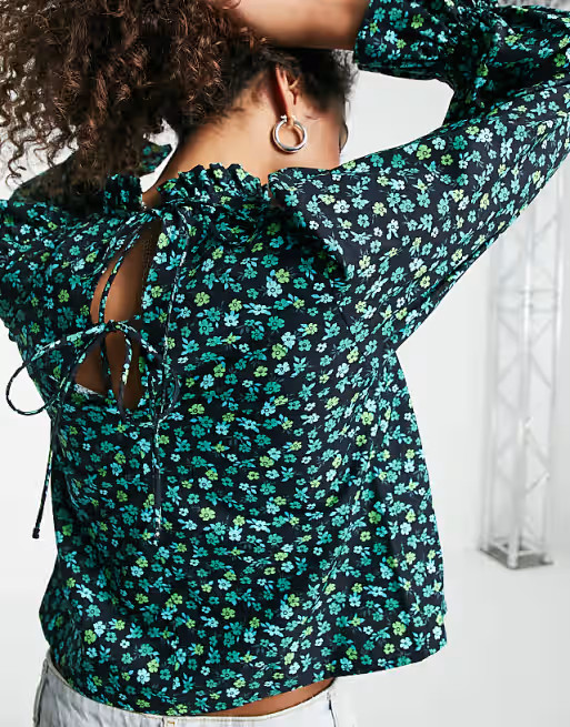 Topshop floral poplin puff sleeve top in green | ASOS (Global)
