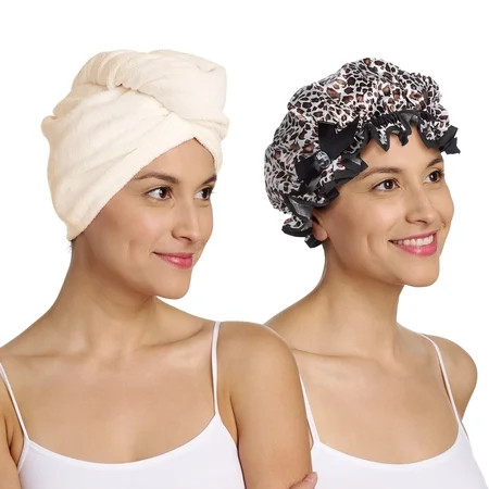 Turbie Twist Microfiber Hair Towel Wrap & Stylin' Shower Cap - Tan, Leopard Print | Walmart (US)