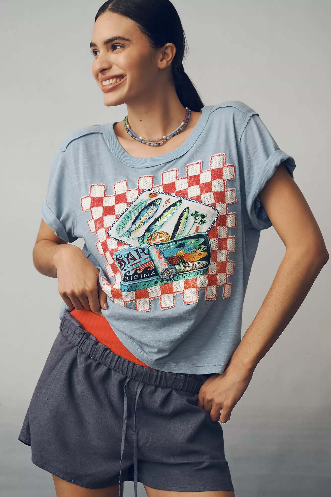 Maeve Sardine Linen Blend Graphic Tee | Anthropologie (US)