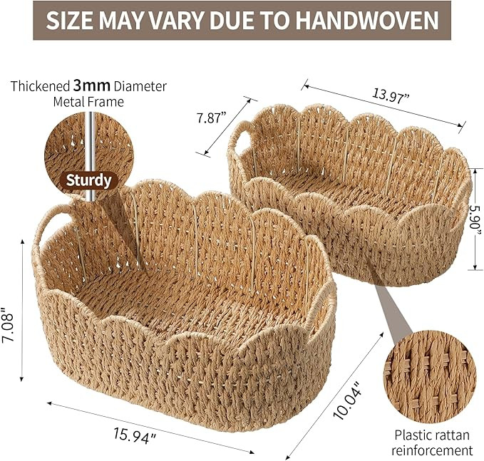 Paper Rope Scalloped Basket Set of 2, Wicker Storage Baskets for Shelves,Gifts,Books,Toys,Cute De... | Amazon (US)