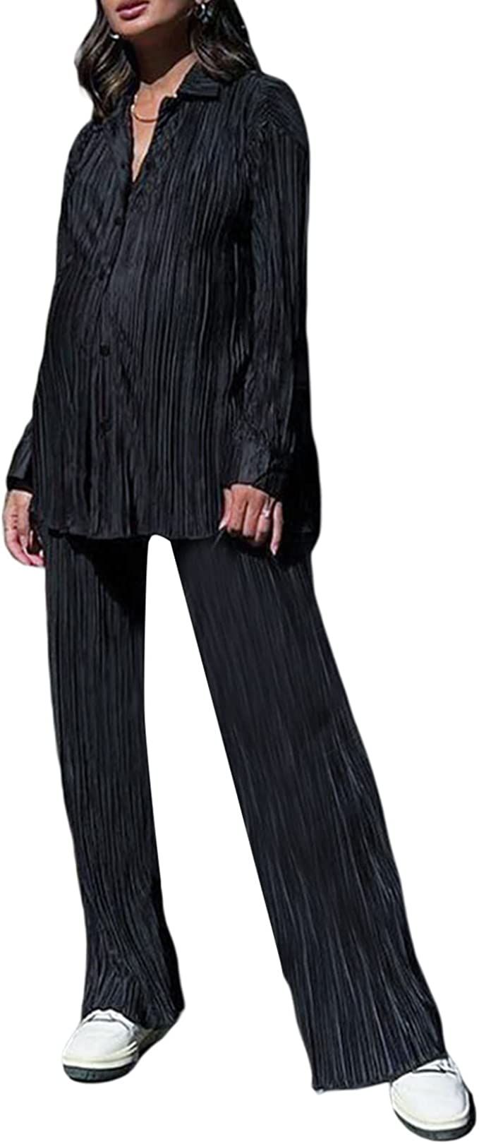 Wide Leg Pants Sets Women 2 Piece Outfits Casual Long Sleeve Button Down Shirt Linen Pants Outfit... | Amazon (US)