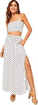 Floerns Women's 2 Piece Outfit Polka Dots Crop Top and Long Skirt Set with Pockets | Amazon (US)