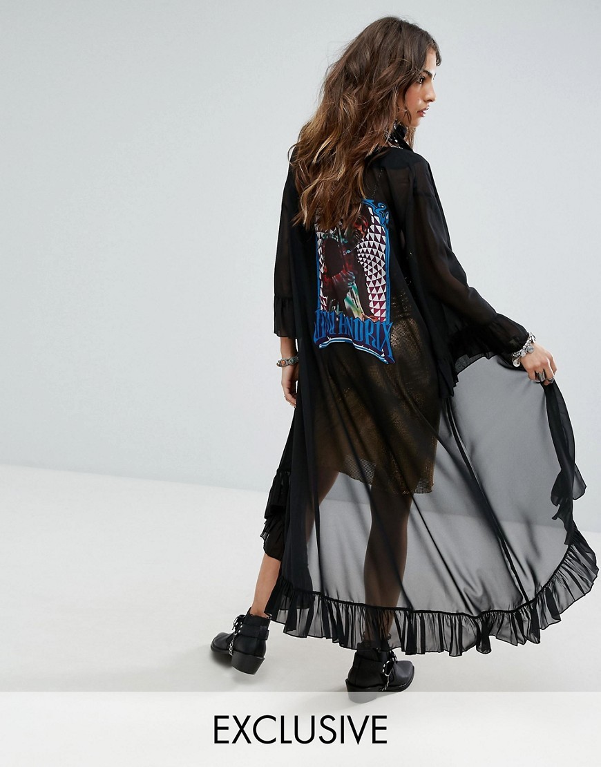 Sacred Hawk Festival Maxi Kimono With Ruffle Hems And Jimi Hendrix Back Print - Black/purple | ASOS UK