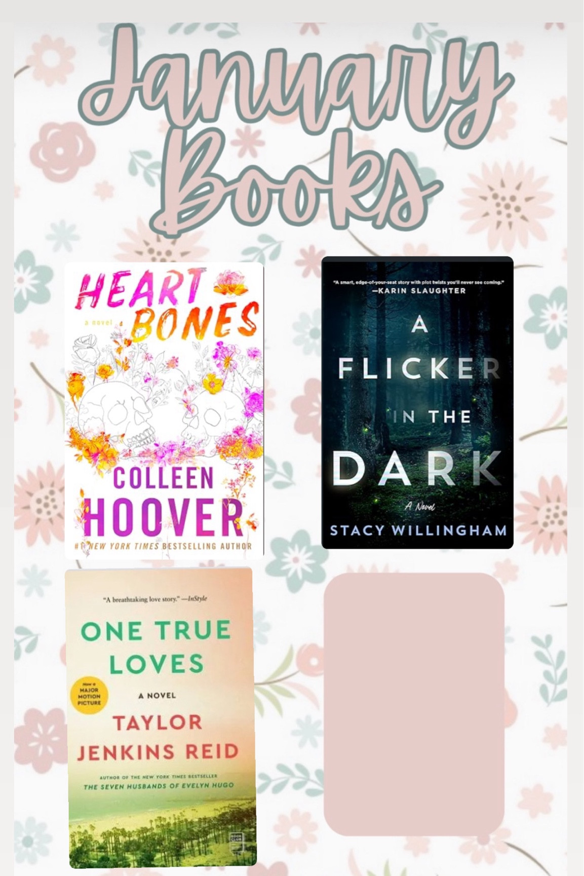 What I read in January 
Heart Bones Colleen Hoover
A Flicker in the dark 
One true loves Taylor Jenkins Reid 
Book
Novel


#LTKtravel #LTKhome #LTKfindsunder50