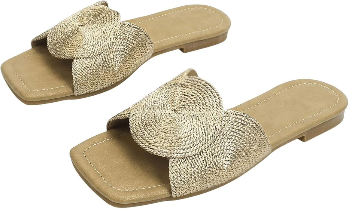 OYOANGLE Women's Open Toe Flat Sandals Metallic Wide Single Strap Slide Sandals Outdoor Slides | Amazon (US)