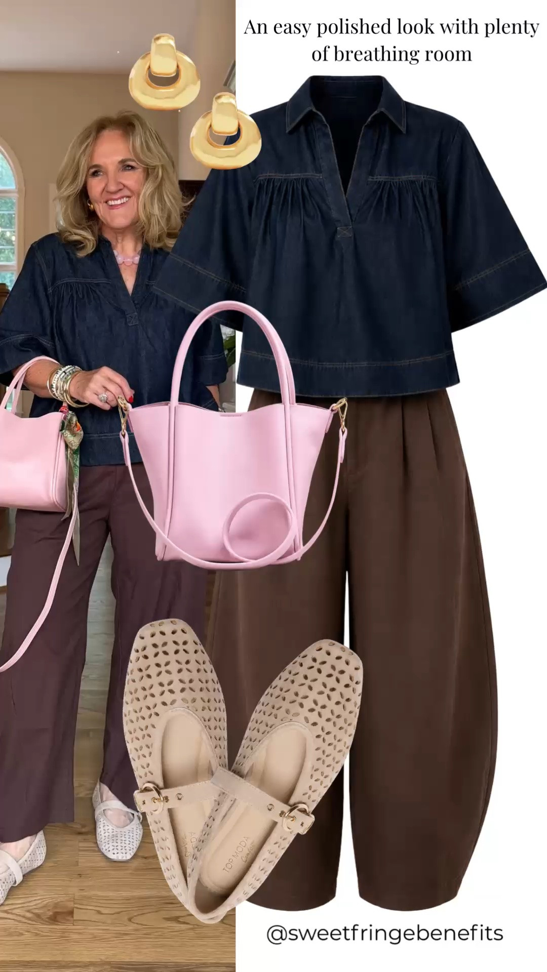 This navy denim top has an easy, relaxed fit that still looks polished. Paired with wide-leg brown pants, woven flats, and a soft pink bag, it’s a comfortable outfit with plenty of breathing room.

💡 LTK MADE EASY
❤️ Heart = Support my posts!
🔖 Save = Get sale & restock alerts
📋 Lists = Keep favorites organized
📲 Share = Send lists and products to a friend. Hello, Christmas List!
💬 Comment = Ask me anything about what I'm wearing.:-)

#LTKootd #LTKWorkwear #LTKOver40