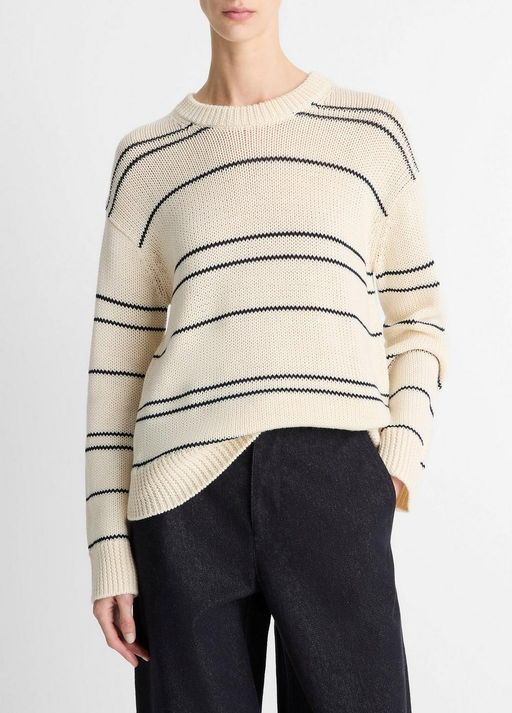 Women's Variegated Stripe Wool-Blend Sweater, Oat Shell/navy, Size S Vince | Vince LLC