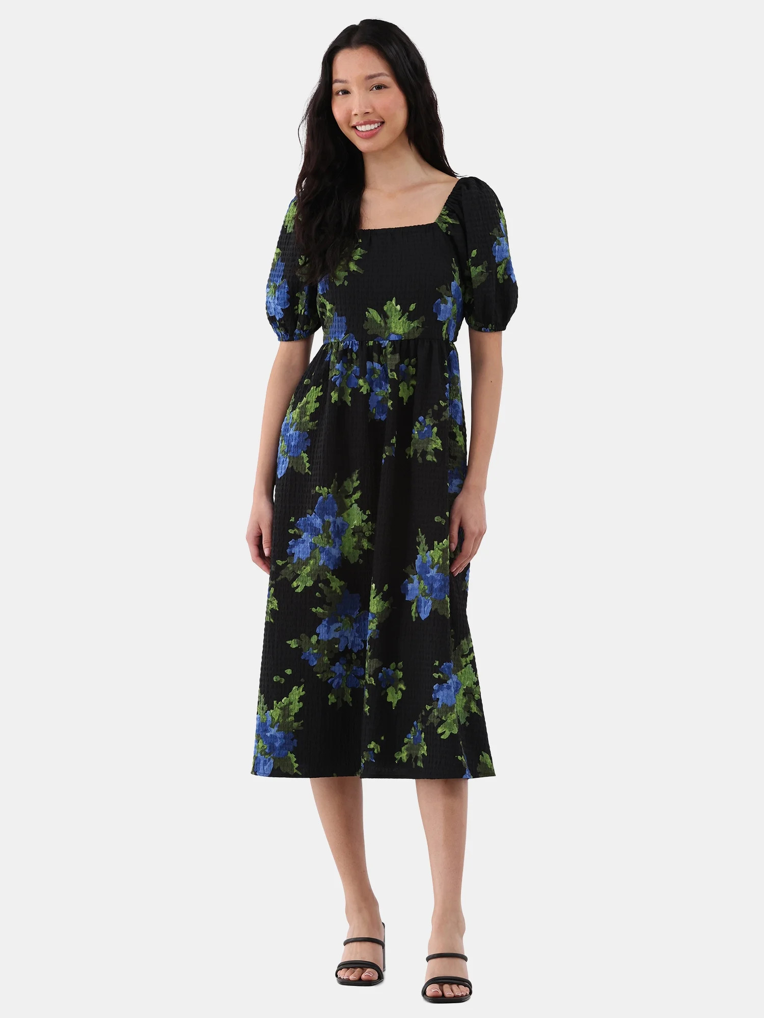 Time and Tru Women's and Women's Plus Back Tie Midi Dress with Puff Sleeves, Sizes XS-XXXL | Walmart (US)