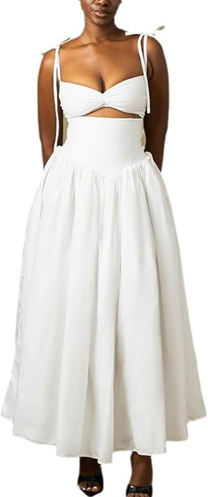 Women Sexy Spaghetti Strap Long Dress Elegant Sleeveless V Neck Front Cut Out Ruffle A Line Party... | Amazon (US)