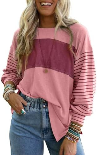 Dokotoo Long Sleeve Tops Oversized 2025 Trendy Round Crew Neck Casual Color Block Womens Shirts B... | Amazon (US)