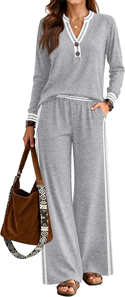 Lounge Sets for Women 2 Piece Outfits Henley Tops High Waisted Pants Set | Amazon (US)
