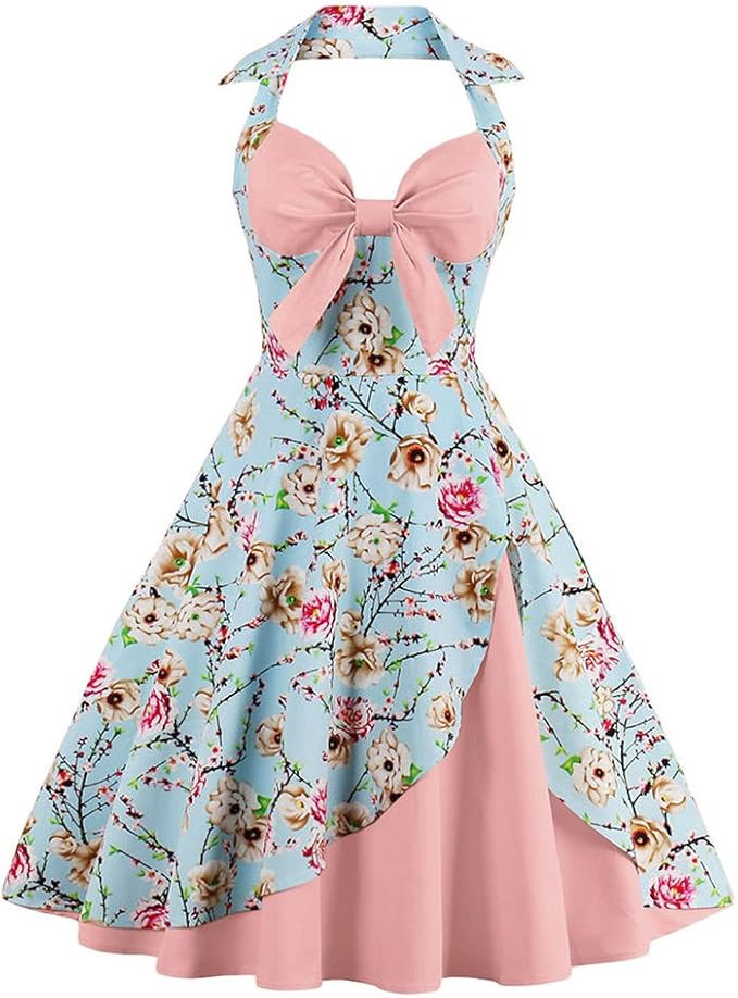 Women Vintage Polka Dot 1950s Rockabilly Halter Audrey Dress Retro Floral Evening Cocktail Swing ... | Amazon (US)