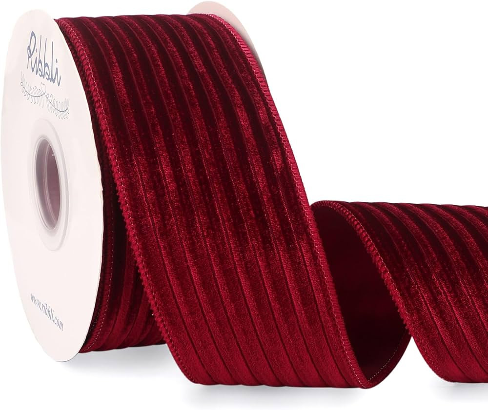 Ribbli Glossy Dark Red Velvet Wired Ribbon 2.5 Inch Striped Velvet Christmas Ribbon for Gift Wrap... | Amazon (US)