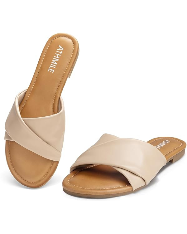 ATHMILE Sandals Women Dressy Summer Flat Comfortable Fashion Beach Cute Ladies Slides Leather Cas... | Amazon (US)
