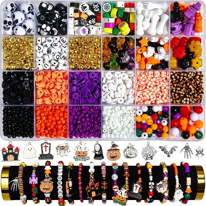 Halloween Beads for Jewelry Making, 2843Pcs Polymer Clay Beads Kit with Pumpkin Skull Ghost Charm... | Amazon (US)