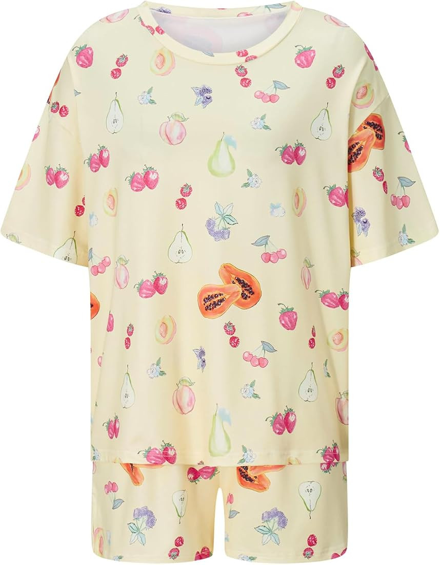 Seyurigaoka Women 2 Piece Floral Pajamas Set Y2k Oversized Short Sleeve Shirt Side Split Shorts S... | Amazon (US)