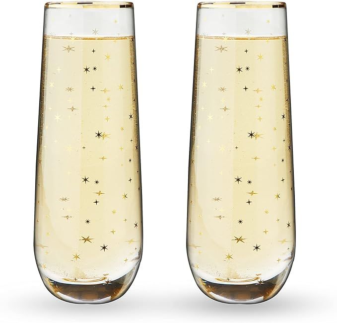 Twine Starlight Stemless Champagne Glasses Set of 2 18 oz Festive Gold Rim Flutes, Decorative Bar... | Amazon (US)