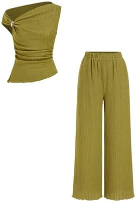 CIDER Womens Two Piece Outfits One Shoulder Sleeveless Tops with Metal Decor Wide Leg Pants Summe... | Amazon (US)