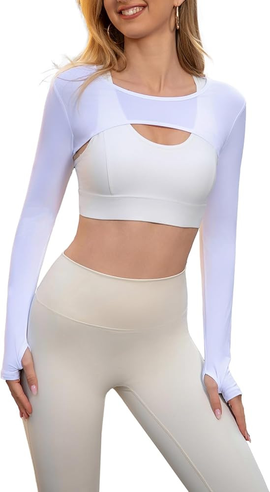 Women Long Sleeve Crop Top Bolero Thumbhole Workout Cropped Shirts Sports Shrug | Amazon (US)