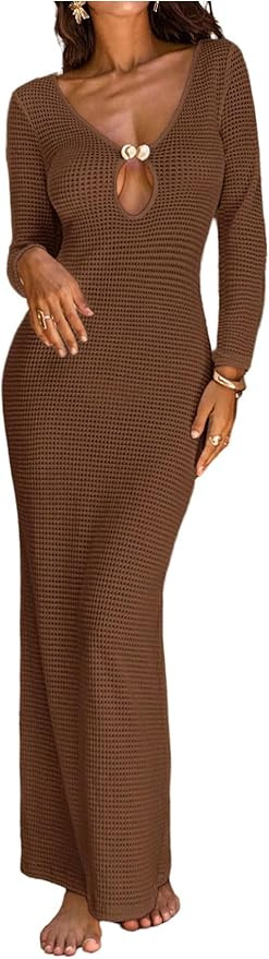 GORGLITTER Women's Crochet Long Swimsuit Cover Up Dress Metal Long Sleeve Beach Bikini Bathing Su... | Amazon (US)