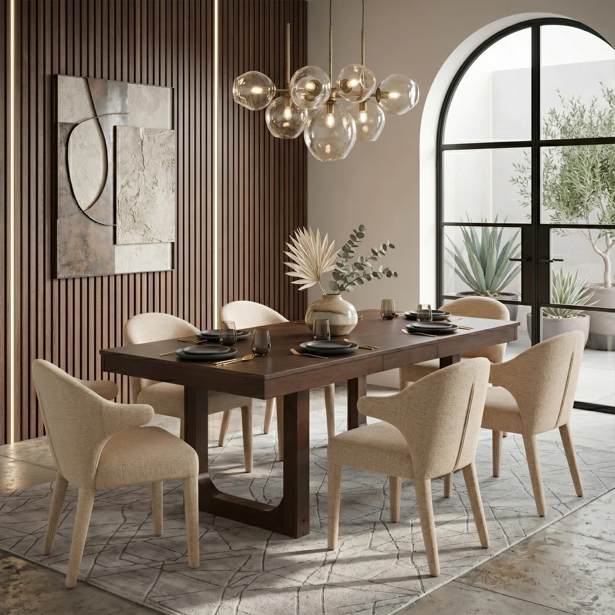 7-Piece Mid-Century  Extendable Rectangular Wood Dining Set With 6 Upholstered Armchairs | Wayfair North America
