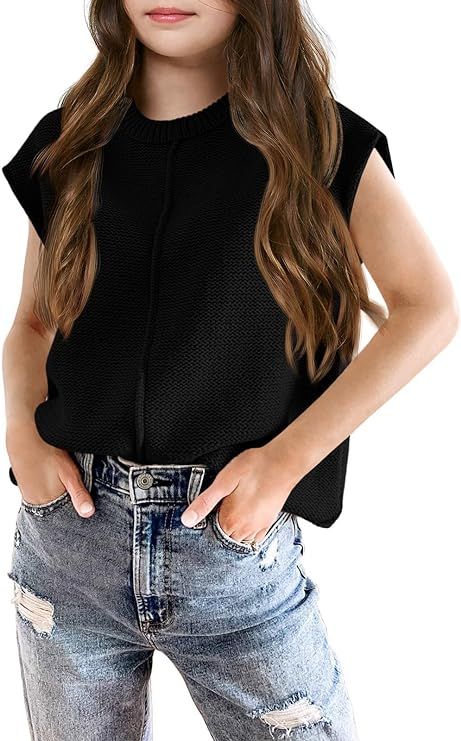 Girls Crew Neck Sweater Vest Kids Fashion Sleeveless Oversized Pullover Knit Tops 5-14 Years | Amazon (US)