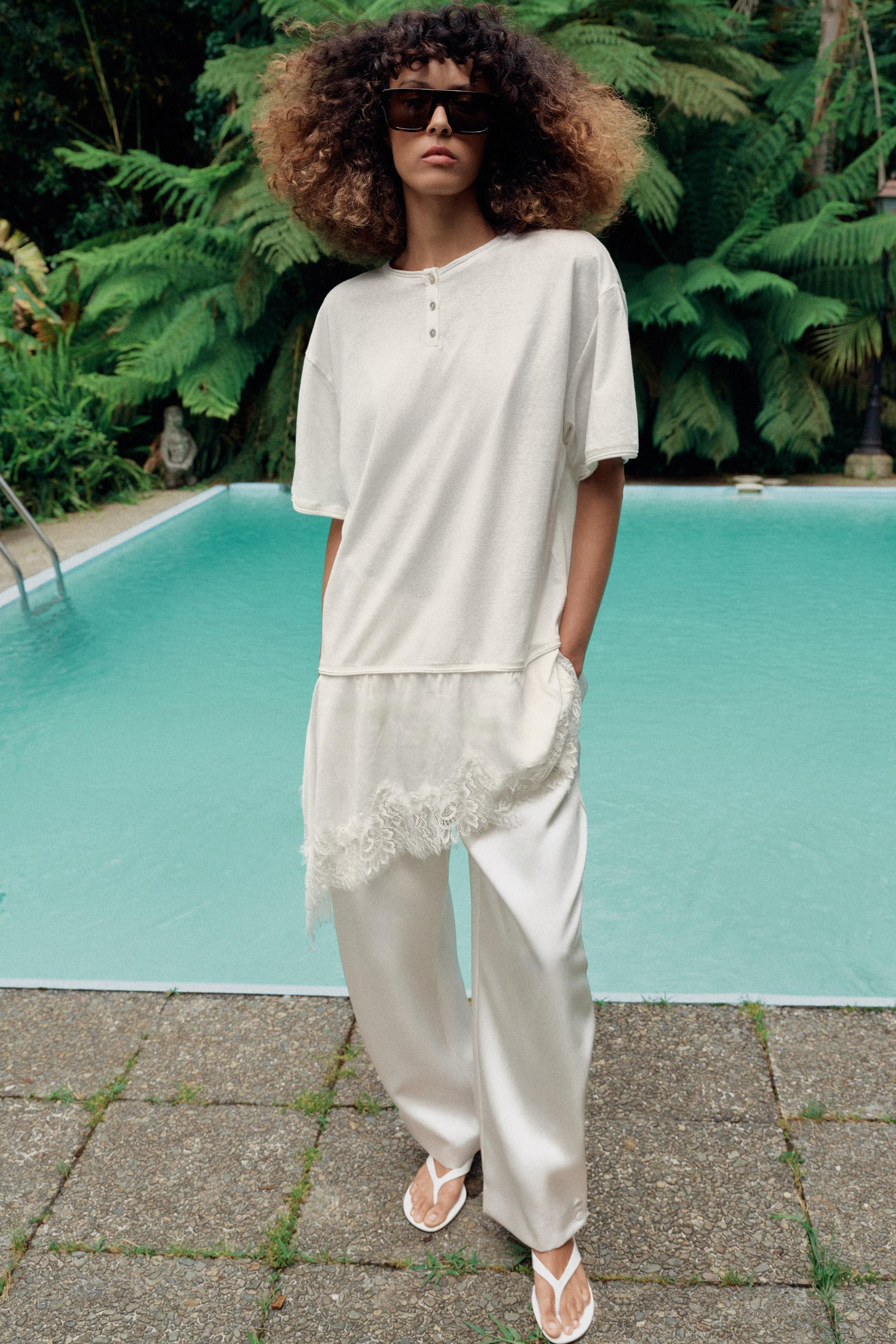COMBINATION LACE HENLEY T-SHIRT | Zara US