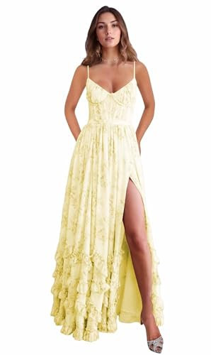 Pleated Yellow Prom Dresses Plus Size with Slit for Women 3D Floral Ruffles Long Bridesmaid Dresses A Line Corset Spaghetti Straps Party Evening Gowns US18W | Amazon (US)