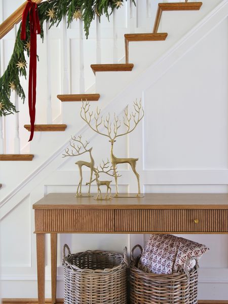 Christmas brass reindeer, Christmas decor, stair garland