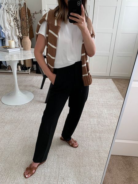 J.Crew Kate trousers- on sale! The length is perfection for petites. 

Tee- Everlane medium 
Trousers- J.Crew petite 0
Sandals- Hermes 35
Sweater- Jenni Kayne xs

Petite style, minimal style, spring style, spring outfit, vacation outfit, neutral capsule wardrobe, affordable fashion. 

#LTKunder100 #LTKsalealert #LTKFind