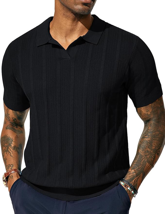 PJ PAUL JONES Mens Polo Shirts Regular Fit Textured V-Neck Knit Golf Polos | Amazon (US)