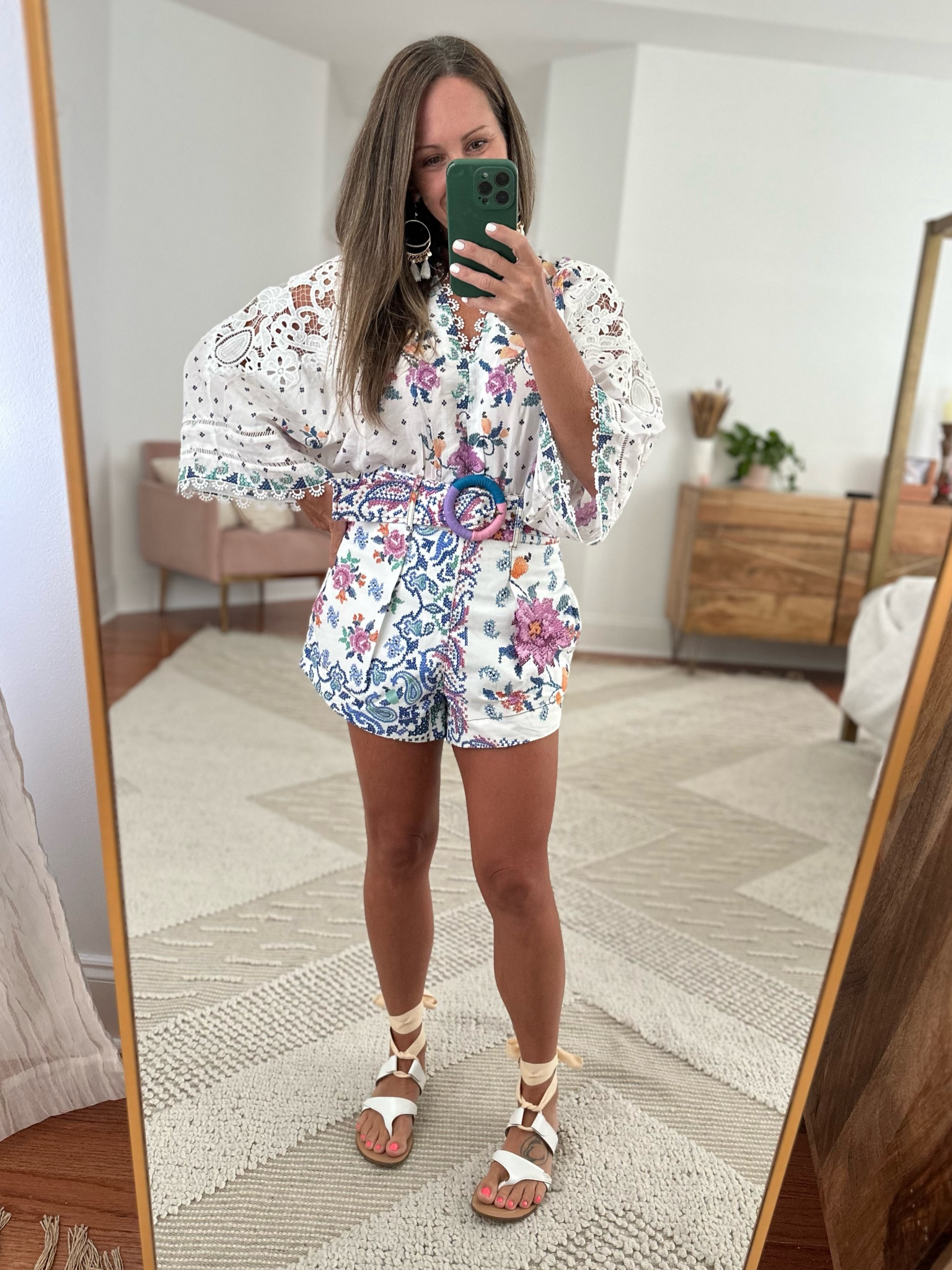 Two piece set from Farm Rio. 

The top is a bodysuit- wearing size small (going to exchange for an XS) and wearing XS in bottoms (removable belt with back zip). 

Paired with Sarah Flint Grear Sandals. 

Concert outfit, casual date night, brunch, summer outfit 

#LTKstyletip #LTKSeasonal