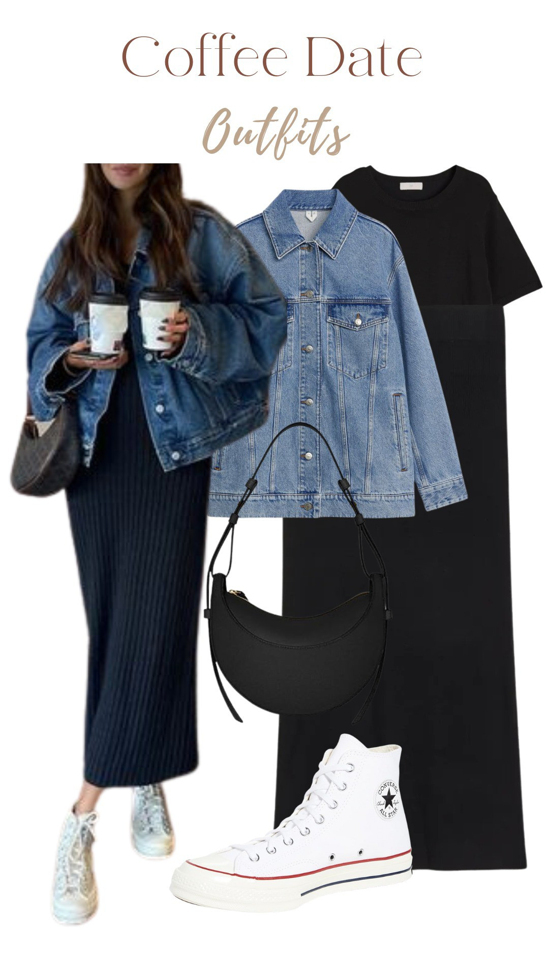 Denim jacket, black top, knit skirt, Cresent shaped bag , coffee date outfits, spring outfit, spring fashion 

#LTKworkwear #LTKstyletip #LTKfindsunder50