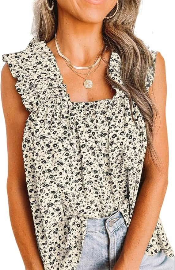 PRETTYGARDEN Boho Floral Tank Tops for Women, Shirred Straps Pleated Summer Casual Sleeveless Shi... | Amazon (US)