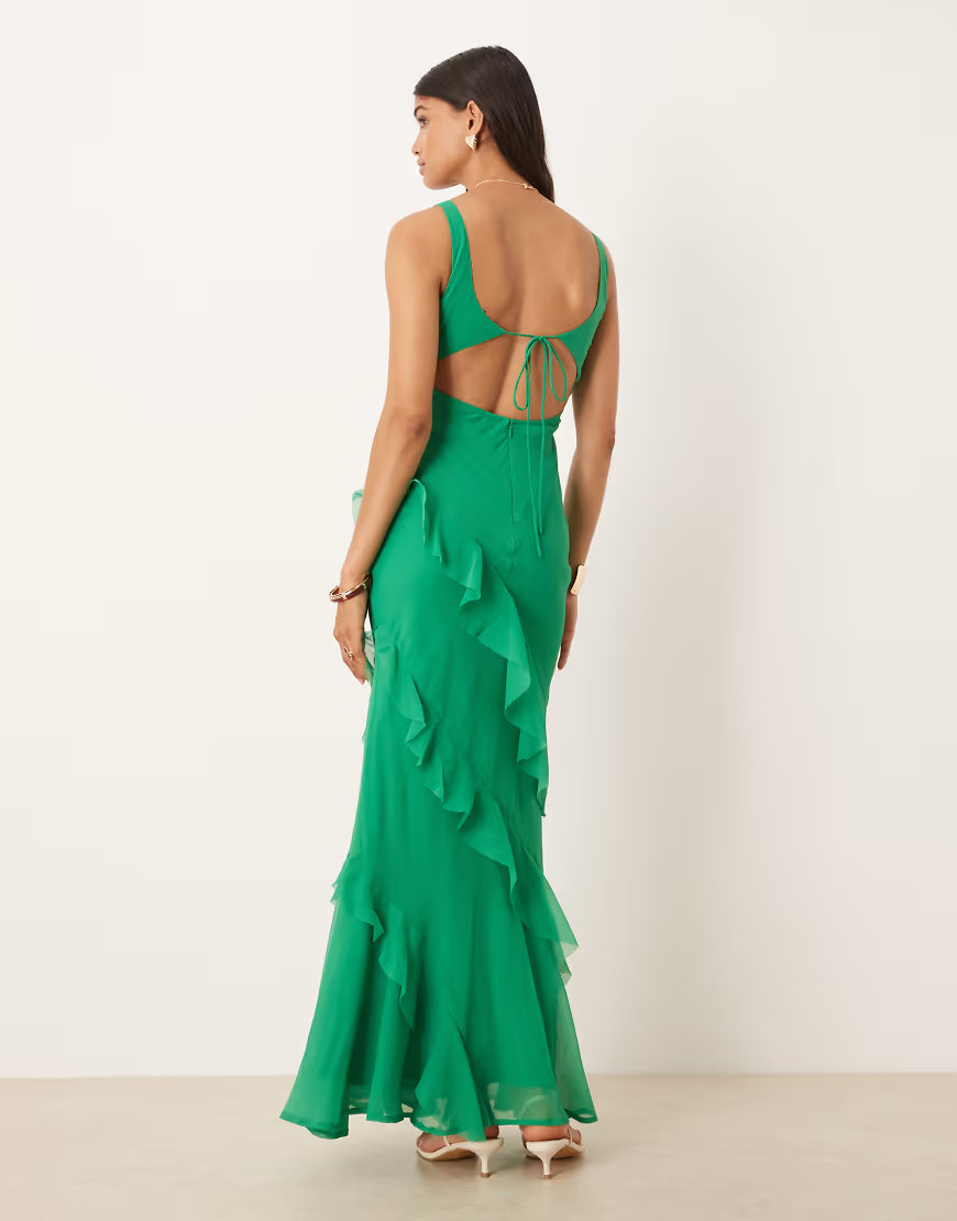 ASOS DESIGN scoop neck maxi dress with ruffle skirt and cut out back in bright green | ASOS (Global)