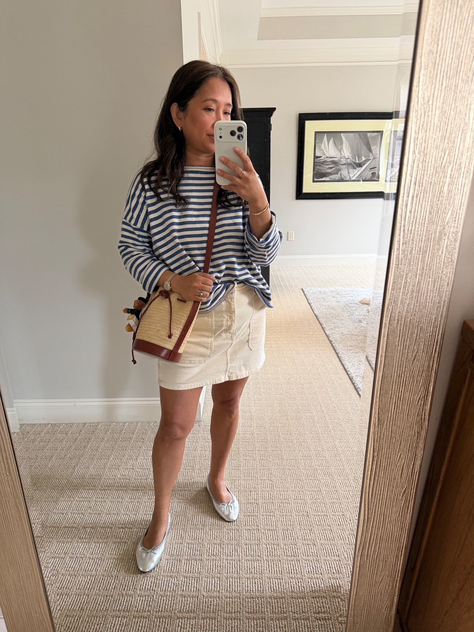 Happy International Women’s Day! My spring classic outfit 

Striped top-small TTS
Skirt old 
Silver Flats- 37, size up 1/2
Raffia bag 

#LTKPetite #LTKootd #LTKOver40