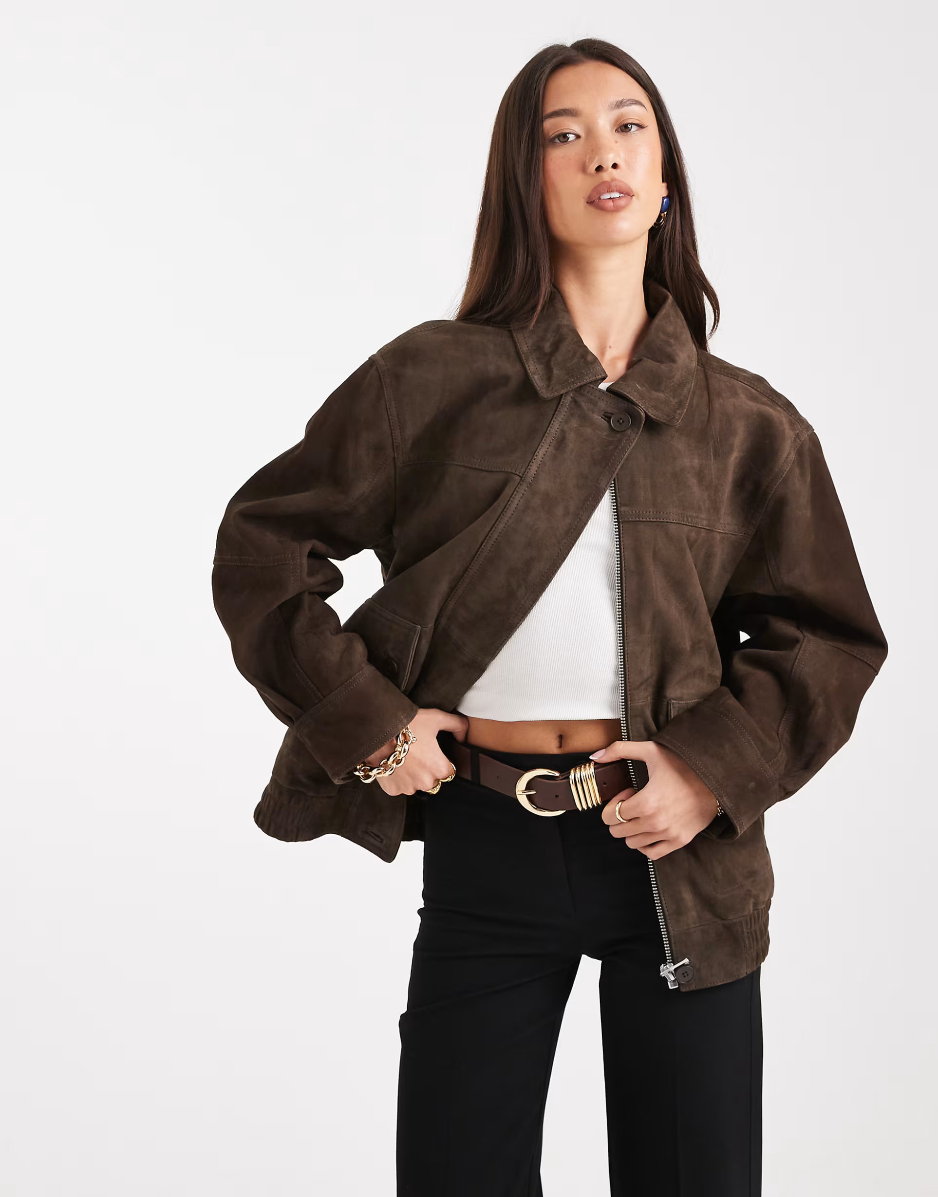 ASOS DESIGN real suede oversized bomber jacket in dark mocha | ASOS | ASOS (Global)