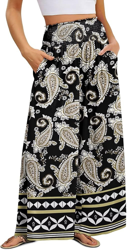 KISSMODA Women Palazzo Pants Summer Boho Bagyy Wide Leg High Smocked Waist Flowy Beach Casual Tro... | Amazon (US)
