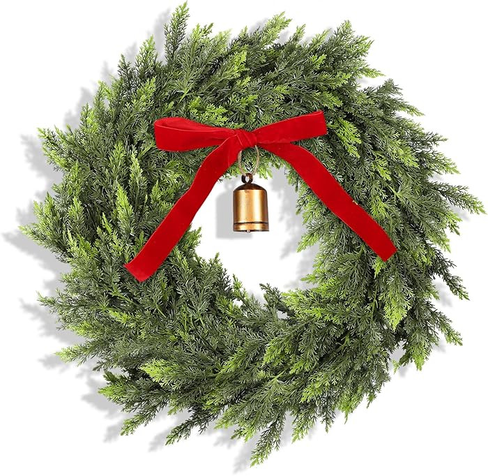Dingion 20" Real Touch Christmas Cedar Wreath Artificial Cedar Wreaths for Front Door Winter Faux... | Amazon (US)