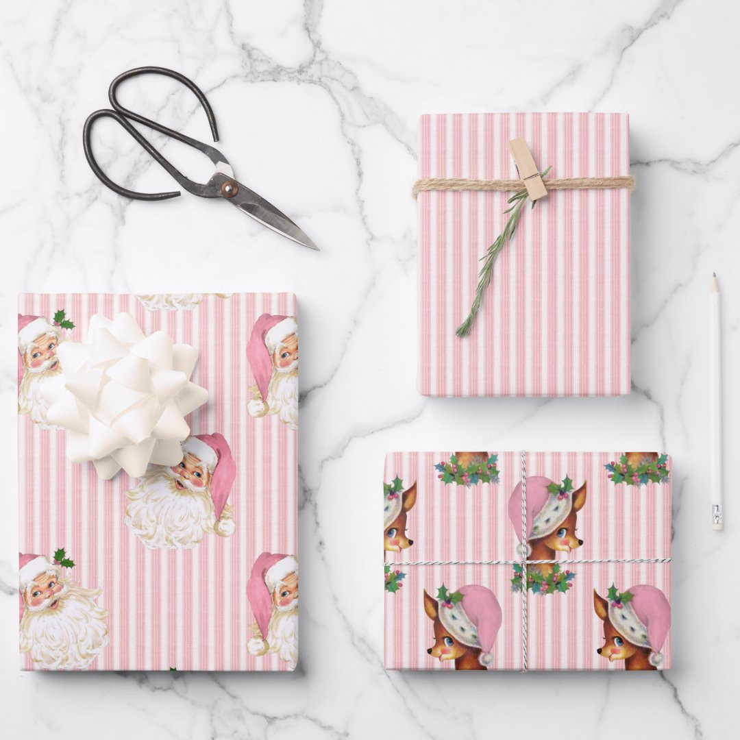 Vintage Santa & Reindeer Pink Stripe Wrapping Paper Sheets | Zazzle | Zazzle