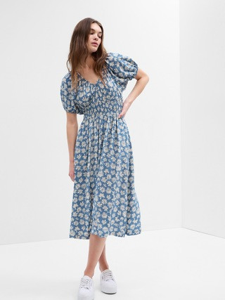 Smocked Puff Sleeve Midi Dress | Gap Factory