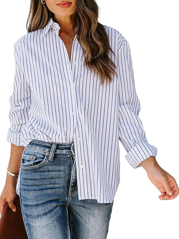 Striped Button Down Shirts for Women Cotton Dress Shirts Long Sleeve Collared Blouses Work Busine... | Amazon (US)
