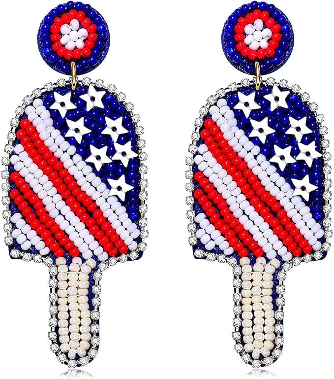 American Flag Earrings 4th of July Earrings for Women Beaded Heart Star Flag Dangle Drop Earrings... | Amazon (US)
