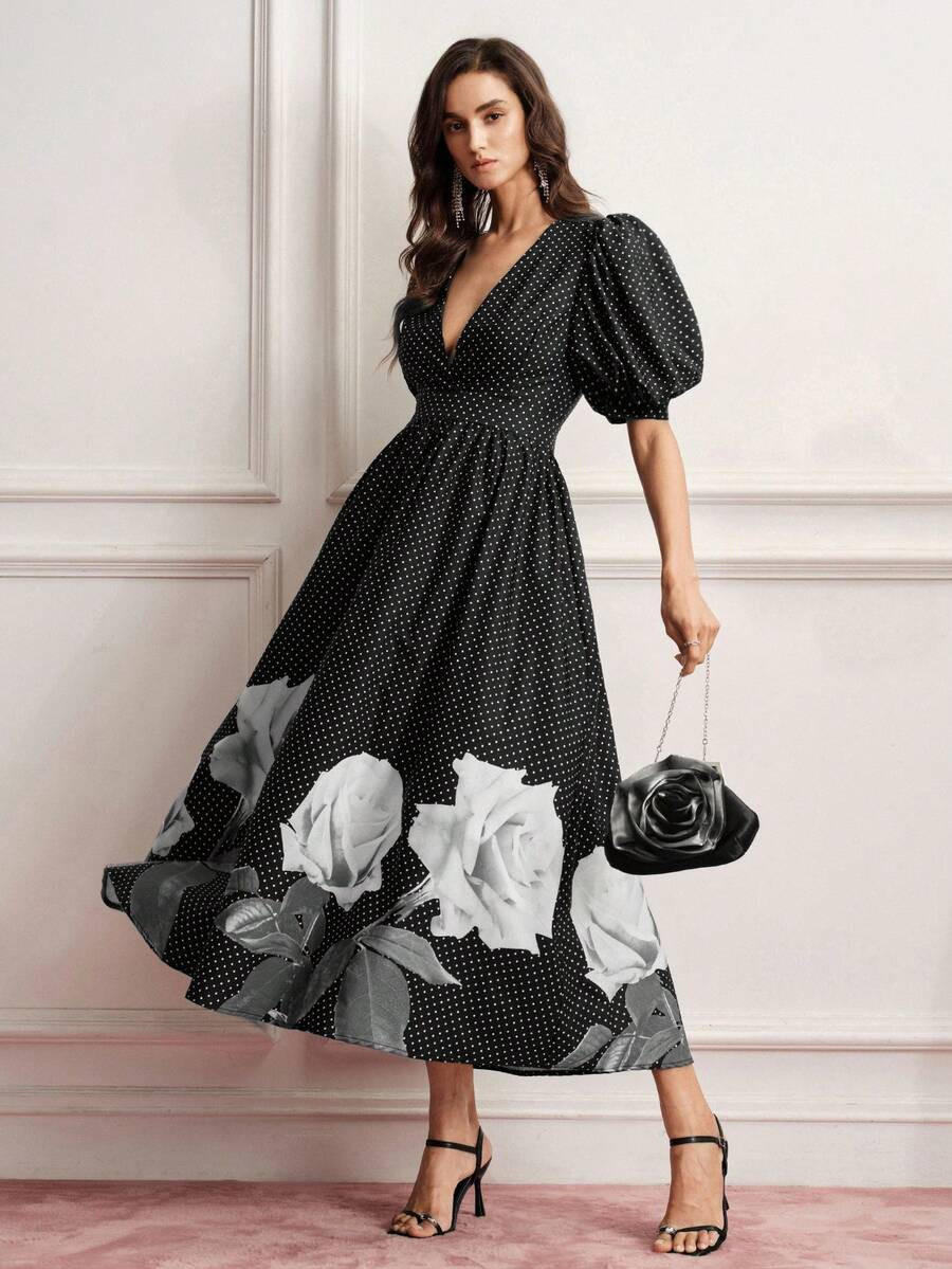 Zanirela Vestido largo de verano/otoño con lunares en blanco y negro, contraste de rosas grandes, escote en V y mangas abullonadas para mujer, elegante estilo años 70 para cena, cita, fiesta y boda | SHEIN