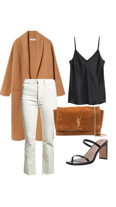 Date night girls night outfit idea | Sweater Coat | Black Satin Cami | YSL Crossbody | Ivory Off White Denim | Amazon Strappy Heels 

#LTKstyletip