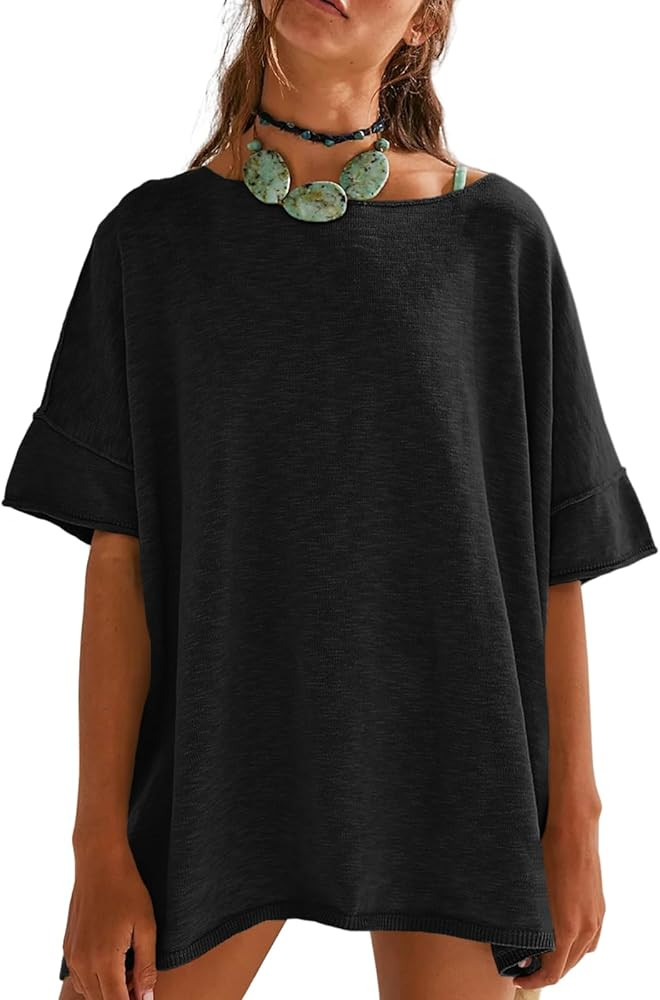 Tankaneo Women's Oversized T Shirts Casual Summer Crew Neck Loose Dropped Short Sleeve Side Slit ... | Amazon (US)