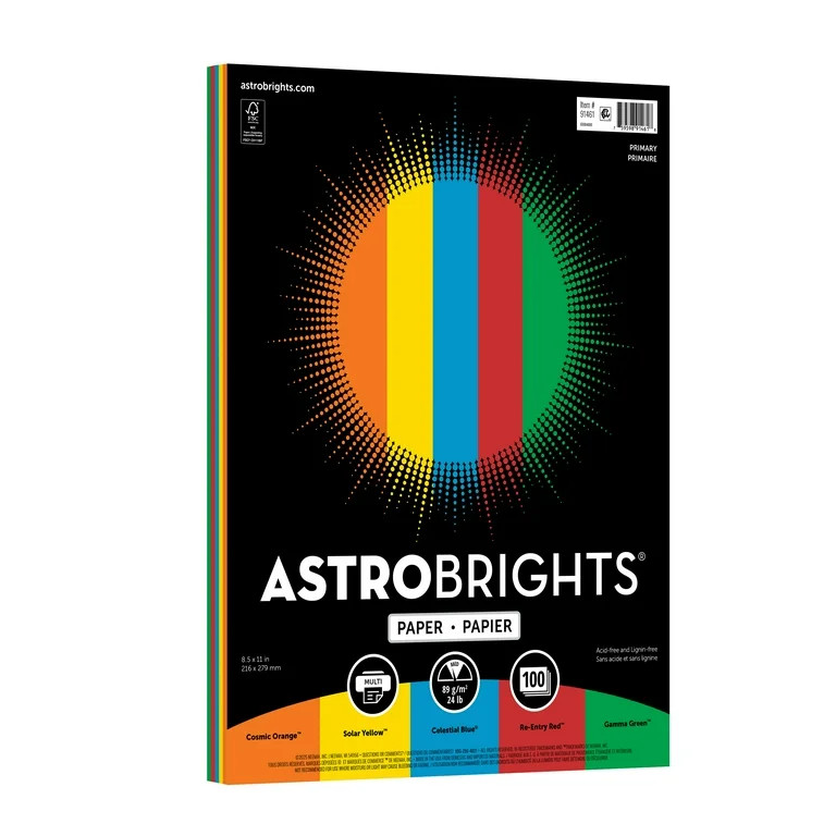 Astrobrights Paper, 8.5" x 11", 24 lb./89 Gsm, Primary Colors, 100 Sheets | Walmart (US)