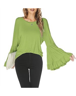 Hount Women Casual Long Bell Sleeve Tops Loose Round Neck T Shirt Flare Sleeve Shirt Tops | Amazon (US)